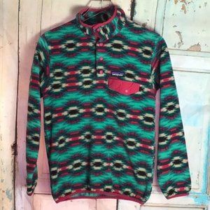 Patagonia Womans XS Synchilla Fleece Snap T Wild Desert Beryl Green Aztec Print